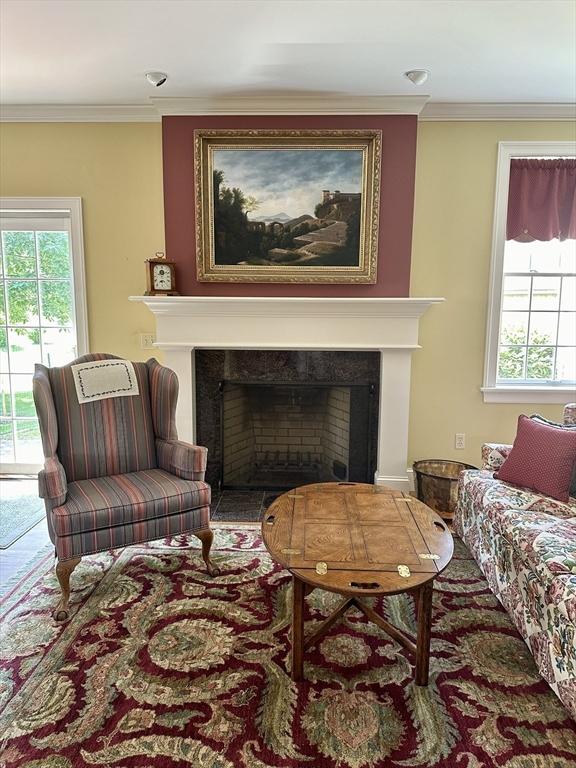 living area with plenty of natural light, ornamental molding, and a fireplace