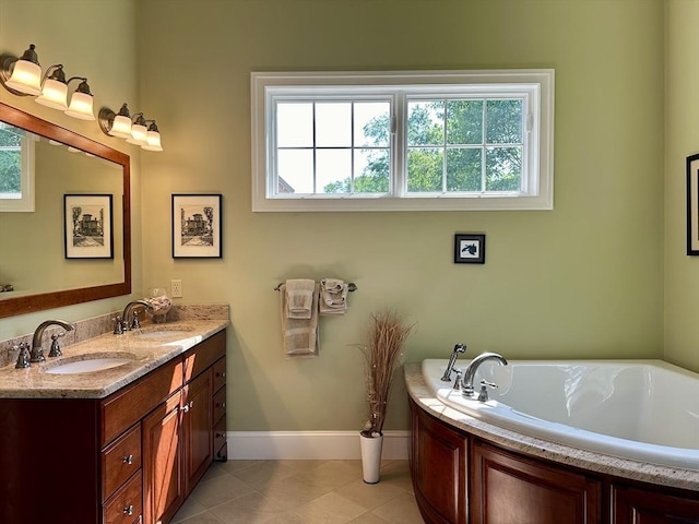 full bath featuring tile patterned flooring, double vanity, a bath, and a sink