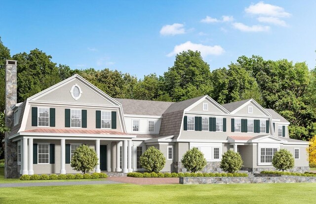 61 Heath St, Brookline, MA 02445 - view of front facade featuring a gambrel roof, a front lawn, covered porch, and a chimney