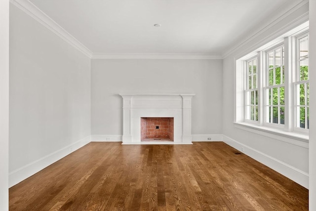 61 Heath St, Brookline, MA 02445 - unfurnished living room with wood finished floors, ornamental molding, baseboards, and a fireplace with flush hearth