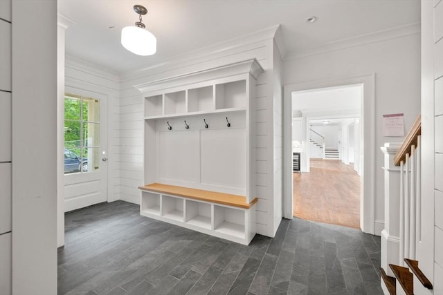 61 Heath St, Brookline, MA 02445 - mudroom with crown molding and dark wood-type flooring