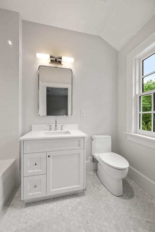 61 Heath St, Brookline, MA 02445 - full bath with toilet, vanity, vaulted ceiling, and baseboards