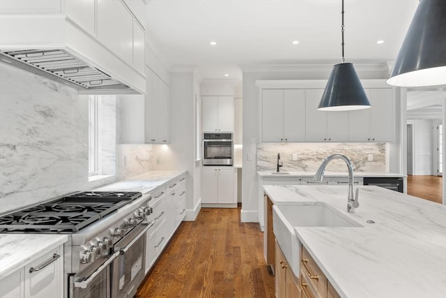 61 Heath St, Brookline, MA 02445 - kitchen with stainless steel appliances, a sink, premium range hood, backsplash, and pendant lighting