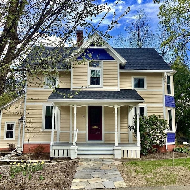 99 Massasoit St, Northampton, MA 01060 - victorian home with covered porch, roof with shingles, and a chimney