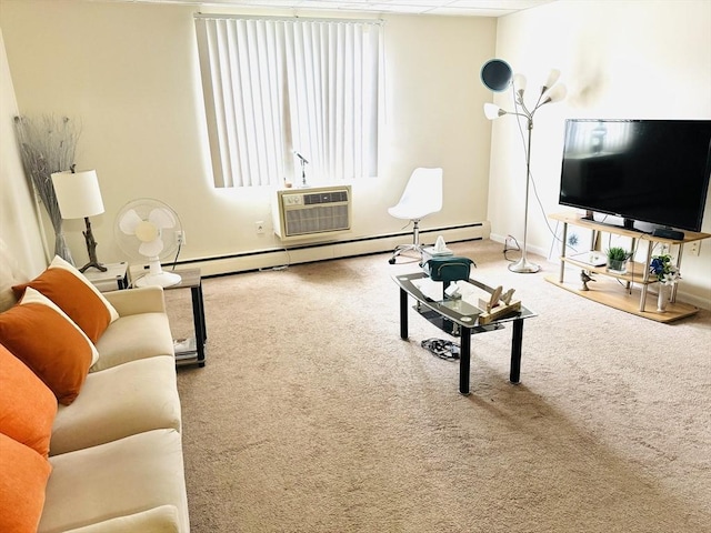 carpeted living room featuring an AC wall unit and a baseboard heating unit