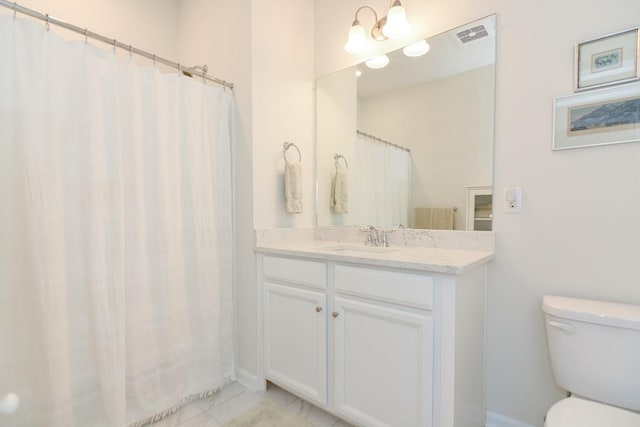 bathroom featuring visible vents, toilet, marble finish floor, a chandelier, and vanity