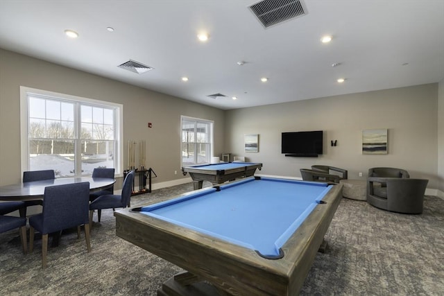 recreation room featuring recessed lighting, visible vents, and billiards