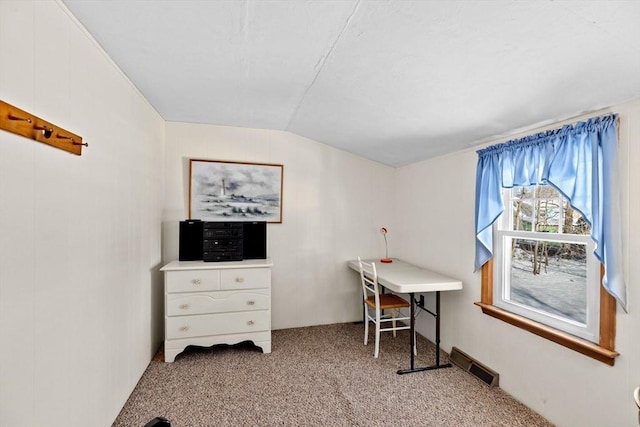 carpeted office featuring lofted ceiling