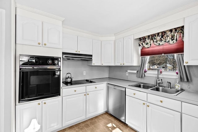 kitchen featuring sink, white cabinetry, extractor fan, ornamental molding, and black appliances