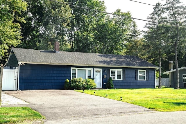 22 Hillsdale Rd, Holbrook, MA 02343 - ranch-style home featuring a chimney, a shingled roof, asphalt driveway, and a gate