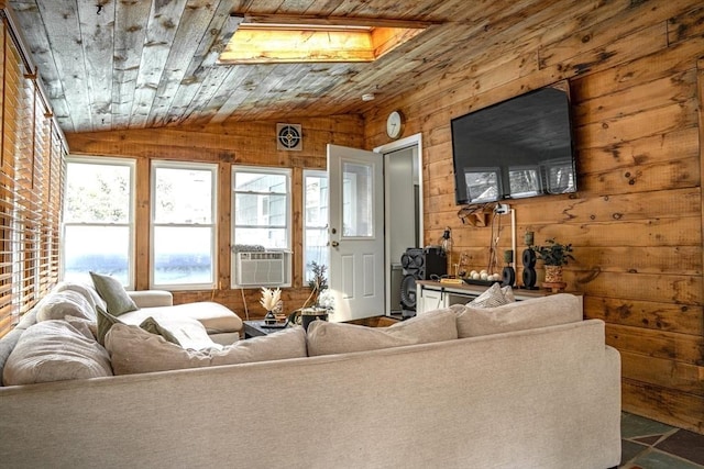 22 Hillsdale Rd, Holbrook, MA 02343 - living area with wooden walls, lofted ceiling, cooling unit, and wood ceiling