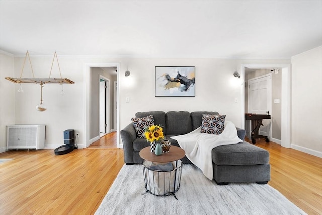 living area featuring radiator, crown molding, baseboards, and wood finished floors