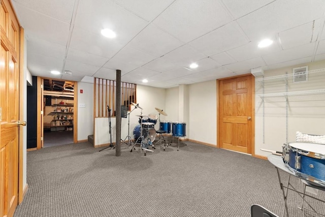 workout area with baseboards, carpet flooring, and recessed lighting