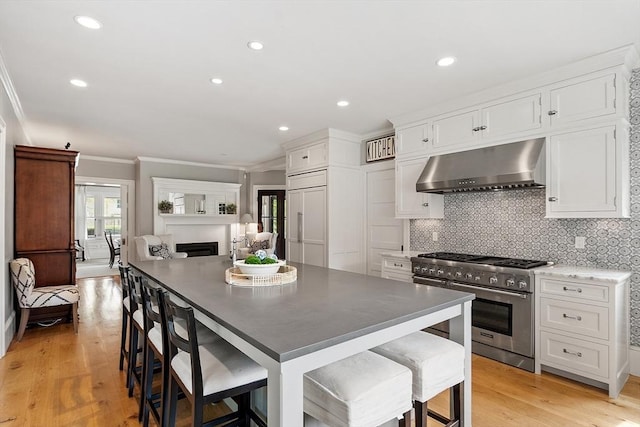 59 Elm St, Concord, MA 01742 - kitchen featuring exhaust hood, high quality appliances, crown molding, white cabinets, and a breakfast bar area