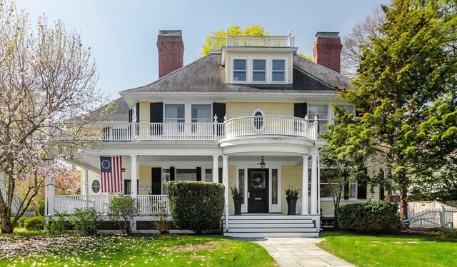 59 Elm St, Concord, MA 01742 - view of front facade with a balcony, a porch, and a chimney