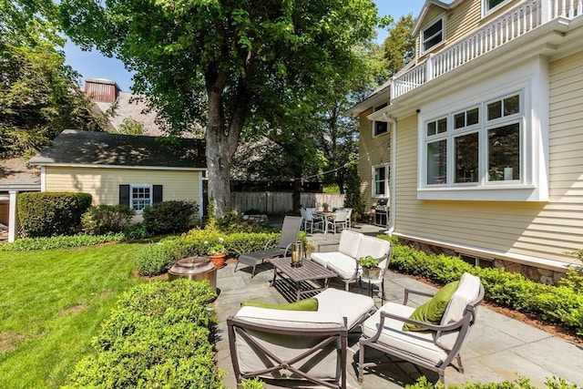 59 Elm St, Concord, MA 01742 - view of patio / terrace featuring outdoor dining space, an outdoor hangout area, a grill, and a balcony