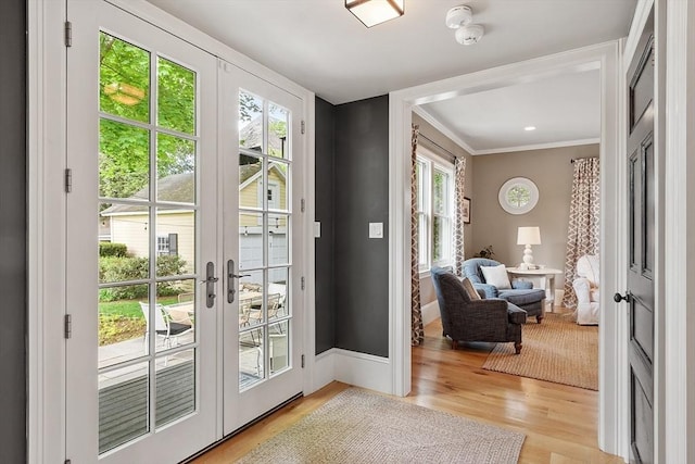 59 Elm St, Concord, MA 01742 - entryway featuring french doors, light wood-style flooring, plenty of natural light, crown molding, and baseboards