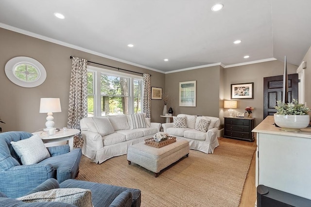 59 Elm St, Concord, MA 01742 - living area featuring light wood finished floors, crown molding, and recessed lighting