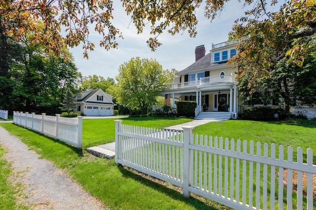 59 Elm St, Concord, MA 01742 - view of front of property featuring a balcony, a garage, and a chimney