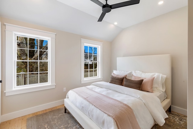 2 Candle House Ln, Nantucket, MA 02564 - bedroom featuring baseboards, vaulted ceiling, recessed lighting, a ceiling fan, and wood finished floors