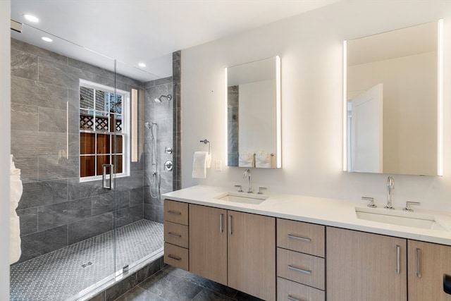 2 Candle House Ln, Nantucket, MA 02564 - bathroom featuring a shower stall, double vanity, and a sink