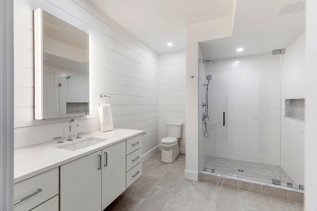 2 Candle House Ln, Nantucket, MA 02564 - full bathroom with vanity, recessed lighting, toilet, a shower stall, and marble finish floor