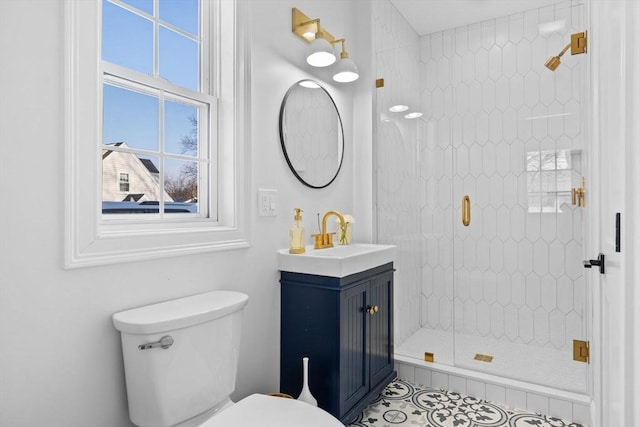 full bath featuring toilet, a shower stall, and vanity