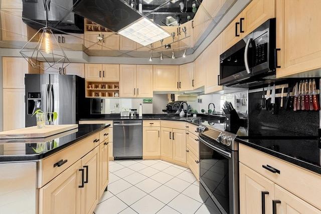 kitchen featuring light tile patterned floors, light brown cabinets, open shelves, a sink, and stainless steel appliances