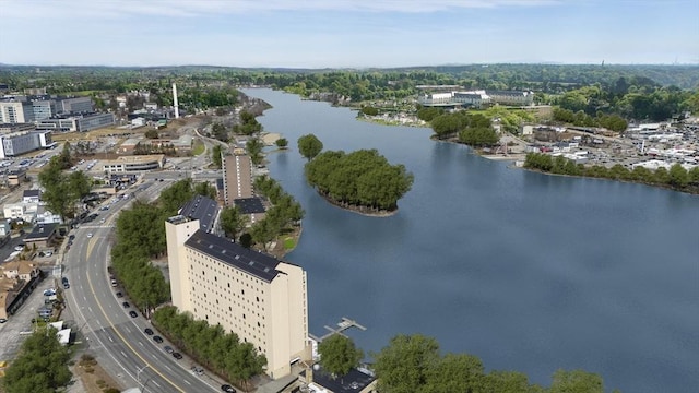 drone / aerial view featuring a water view