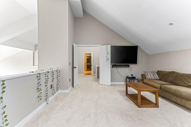 living room featuring baseboards, light carpet, and vaulted ceiling