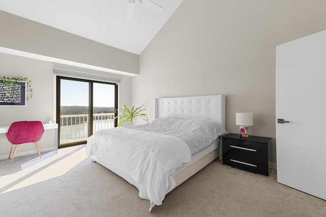 carpeted bedroom with ceiling fan, access to outside, baseboards, and high vaulted ceiling