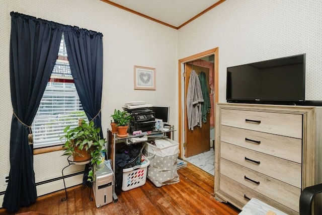 office area with crown molding and hardwood / wood-style flooring