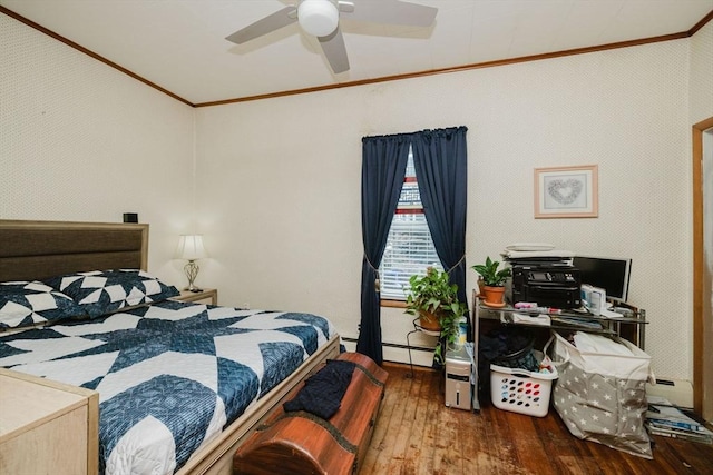 bedroom featuring crown molding, a ceiling fan, wood-type flooring, and a baseboard radiator