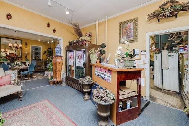 interior space with carpet floors, crown molding, track lighting, and an inviting chandelier