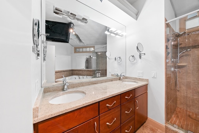 bathroom featuring vanity, lofted ceiling, and a shower with shower door