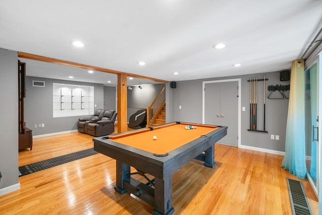 rec room with light hardwood / wood-style flooring and billiards