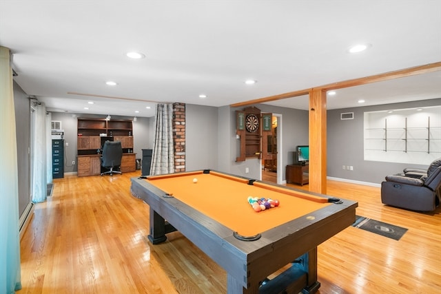 recreation room featuring billiards and light wood-type flooring