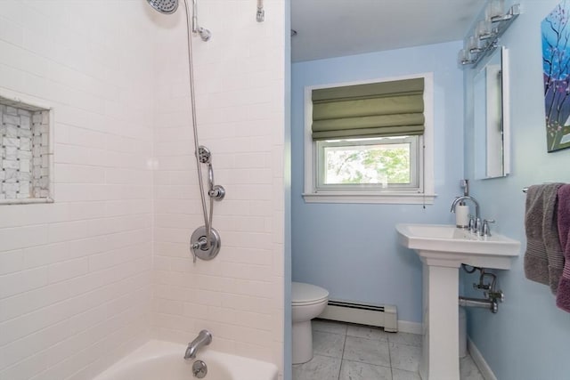 146 S Main St, Natick, MA 01760 - full bath featuring baseboard heating, toilet, shower / bathtub combination, baseboards, and tile patterned floors