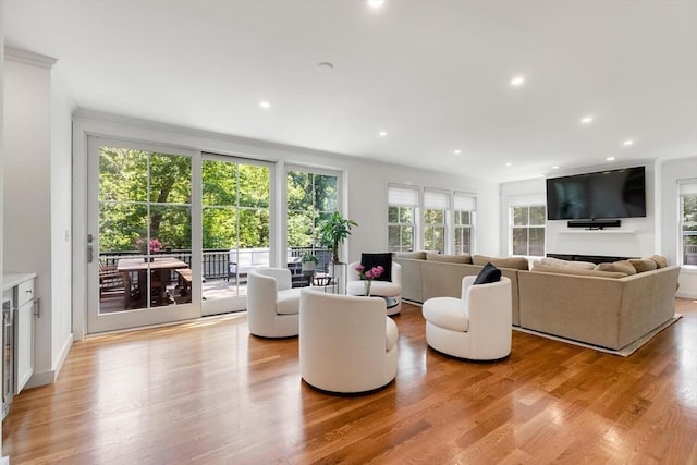 living area featuring recessed lighting and light wood-style flooring