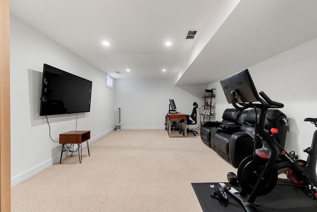 exercise room with visible vents, recessed lighting, carpet, and baseboards