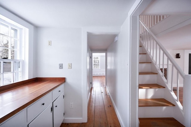 hallway featuring dark wood-type flooring, a baseboard radiator, and a wealth of natural light