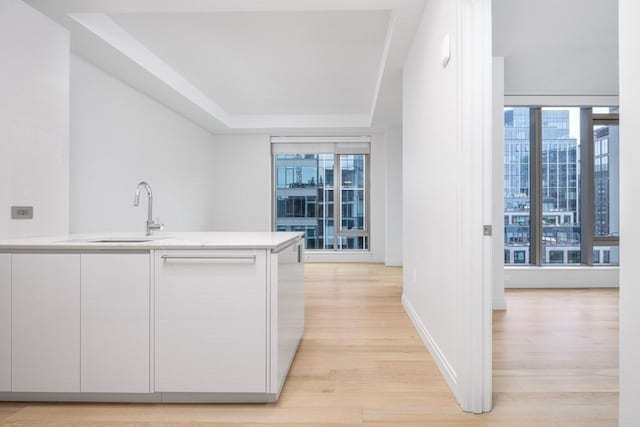 kitchen featuring light wood-type flooring, a sink, a tray ceiling, white cabinetry, and light countertops