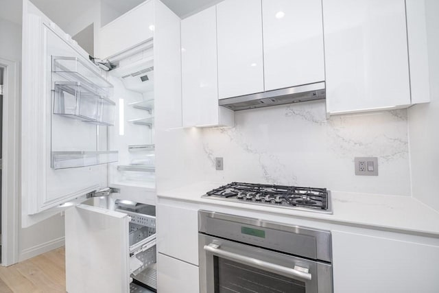 kitchen with white cabinetry, modern cabinets, under cabinet range hood, and stainless steel appliances