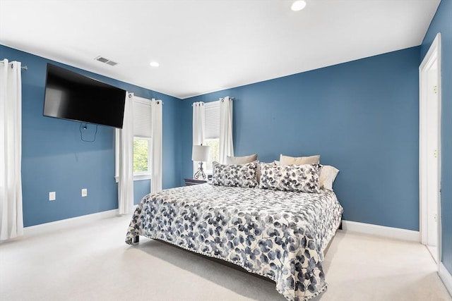 bedroom featuring carpet flooring, baseboards, and recessed lighting