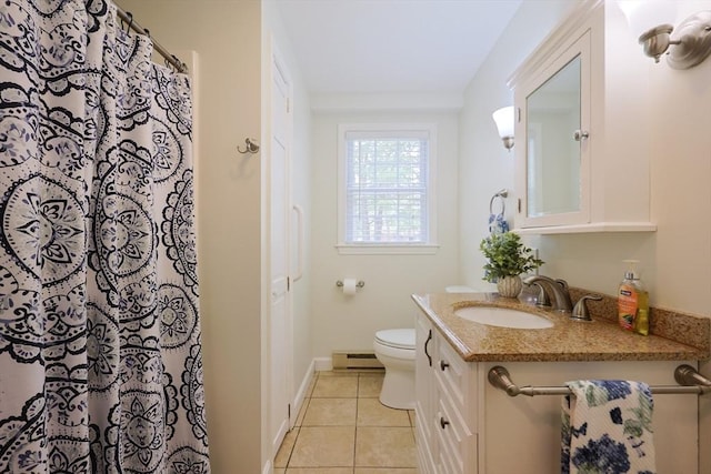269 Fairview Ave, Rehoboth, MA 02769 - full bathroom featuring baseboard heating, vanity, tile patterned floors, and curtained shower