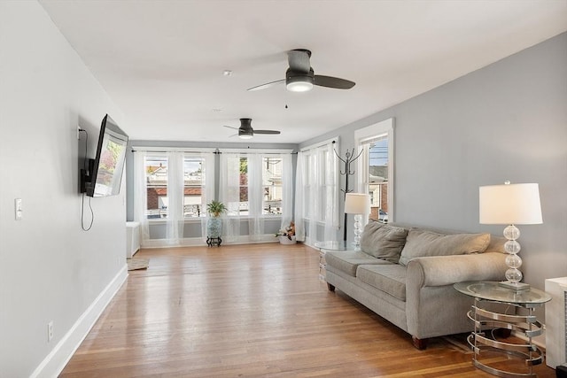 33 Alden Ave, Revere, MA 02151 - living room with ceiling fan, light wood-type flooring, and baseboards