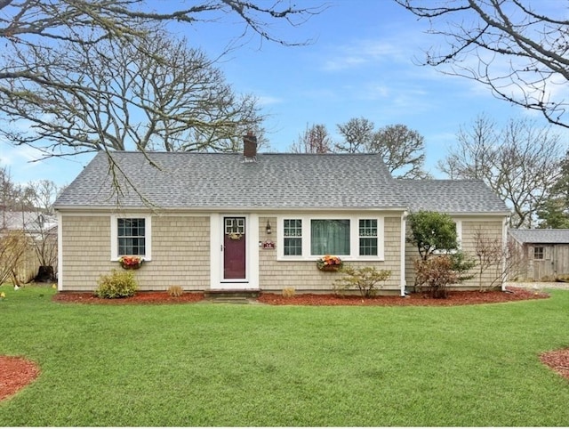 16 Samoset Rd, Yarmouth, MA 02664 - single story home featuring roof with shingles, a front lawn, and a chimney