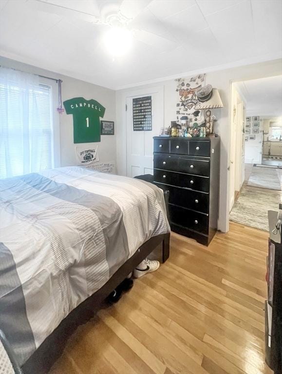 16 Samoset Rd, Yarmouth, MA 02664 - bedroom featuring light wood-style flooring, ornamental molding, and ceiling fan
