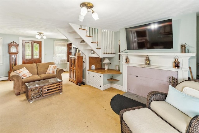 650 Pearse Rd, Swansea, MA 02777 - living area featuring light colored carpet, stairway, a baseboard radiator, and baseboards