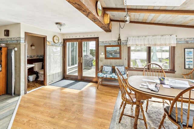 650 Pearse Rd, Swansea, MA 02777 - dining room featuring light wood finished floors, french doors, and wooden ceiling